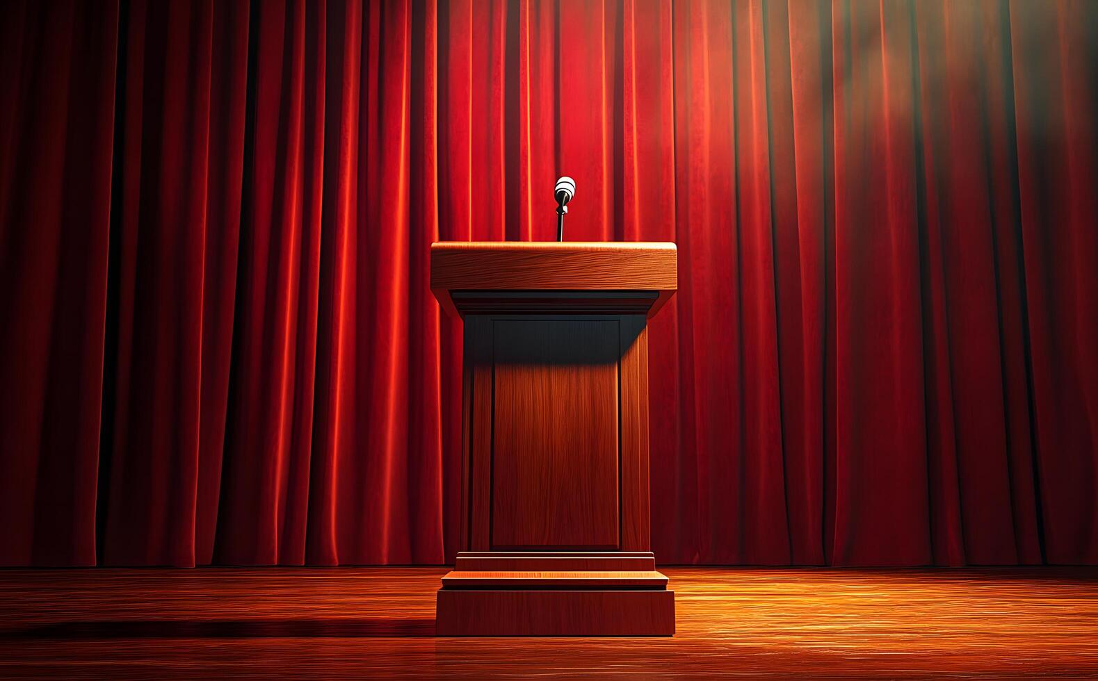 A wooden podium with a microphone sits before the dramatic red stage curtains photo