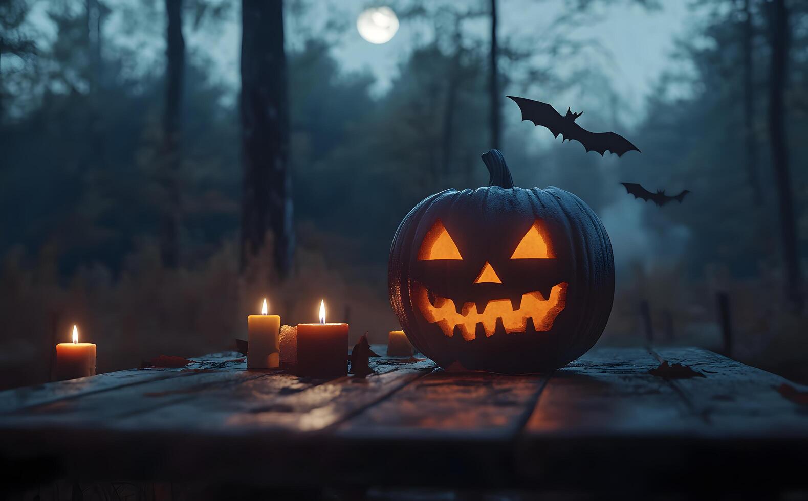 Lit pumpkin glows with bats overhead and candles nearby on a spooky night photo