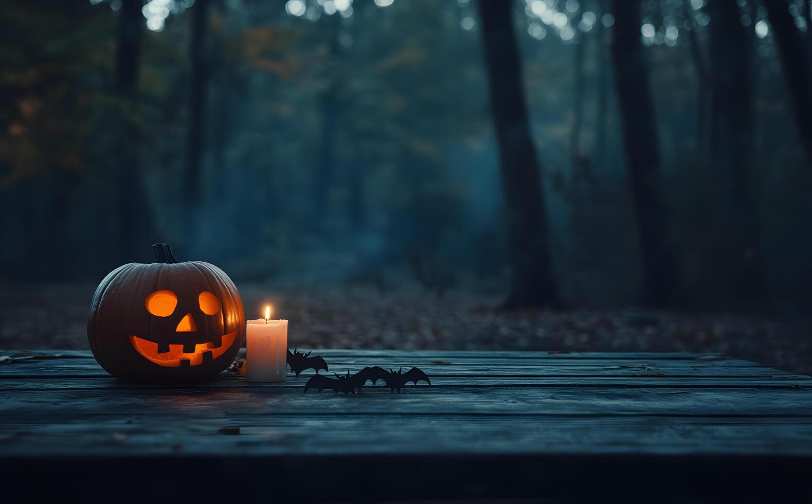 Glowing pumpkin beside a lit candle and black bats on a wooden table in forest photo