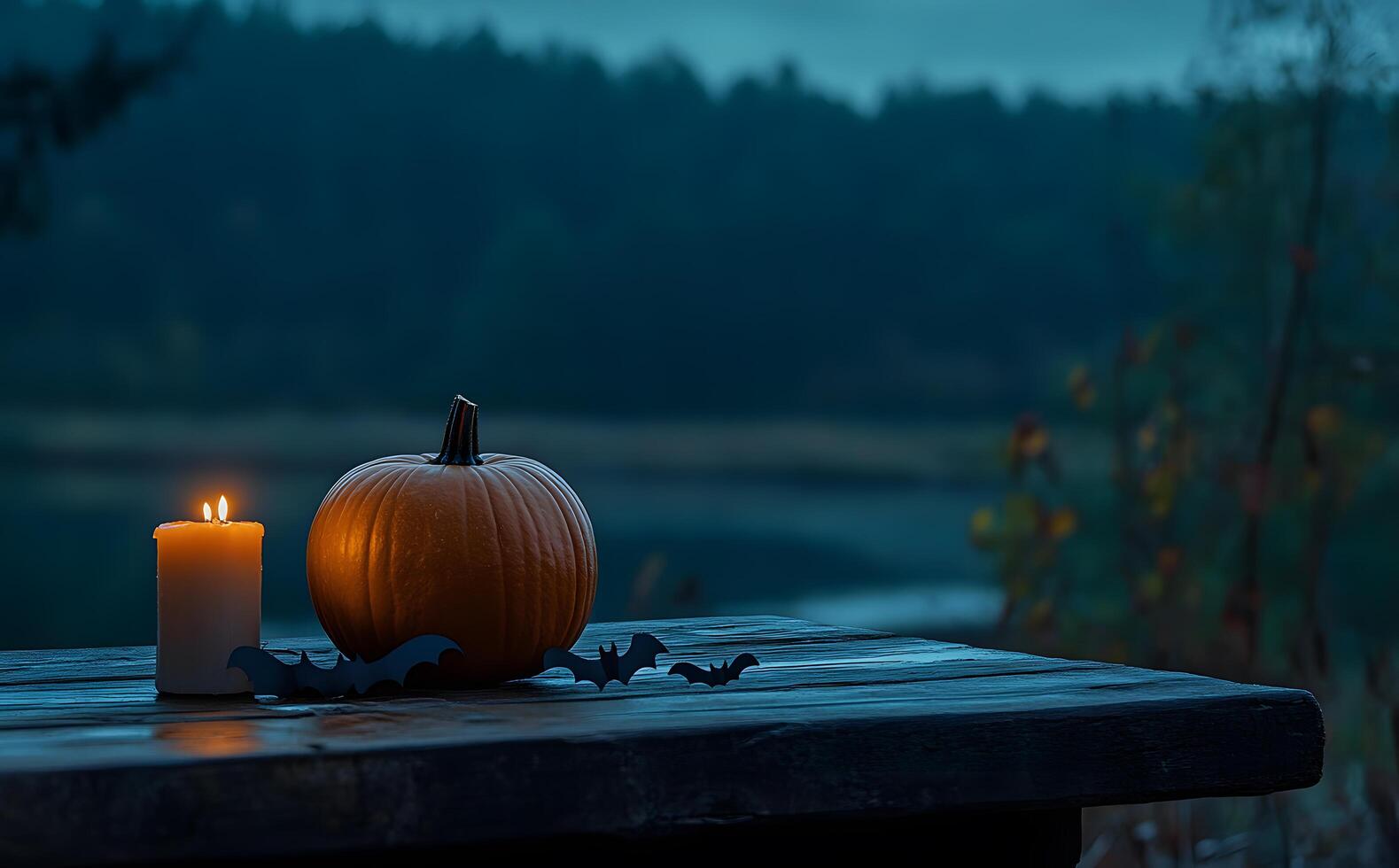 Evening light illuminates a pumpkin, candle, and bat cutouts on a rustic wooden table photo