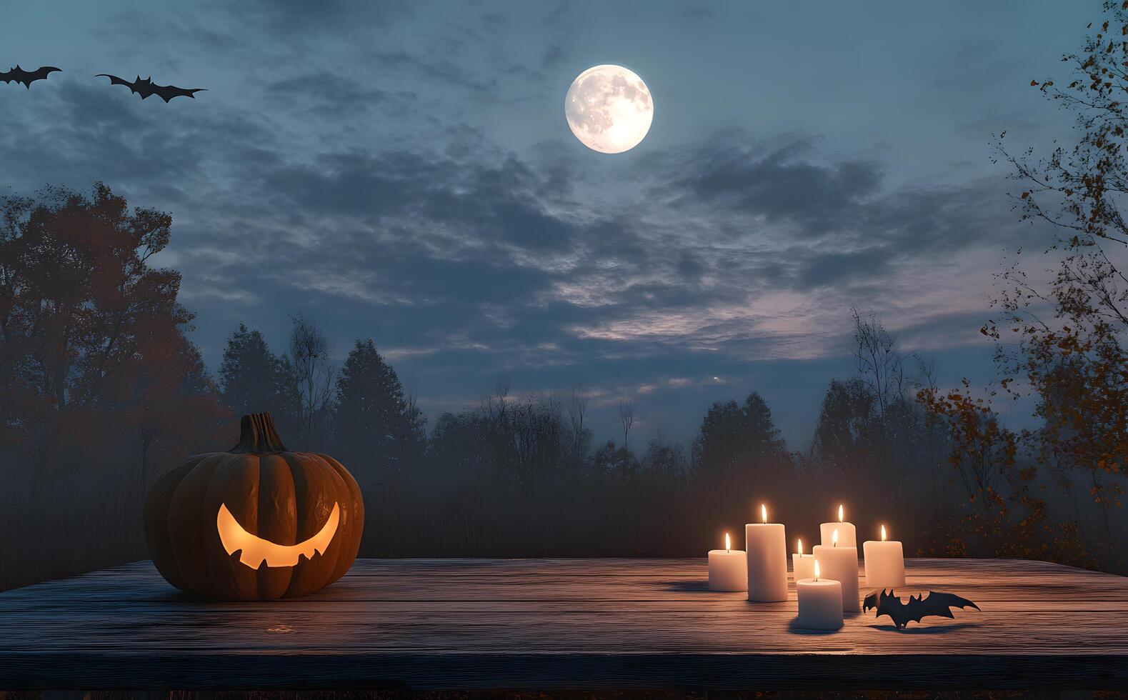 Smiling illuminated jack o lantern pumpkin sits beside lit candles under a bright moon photo