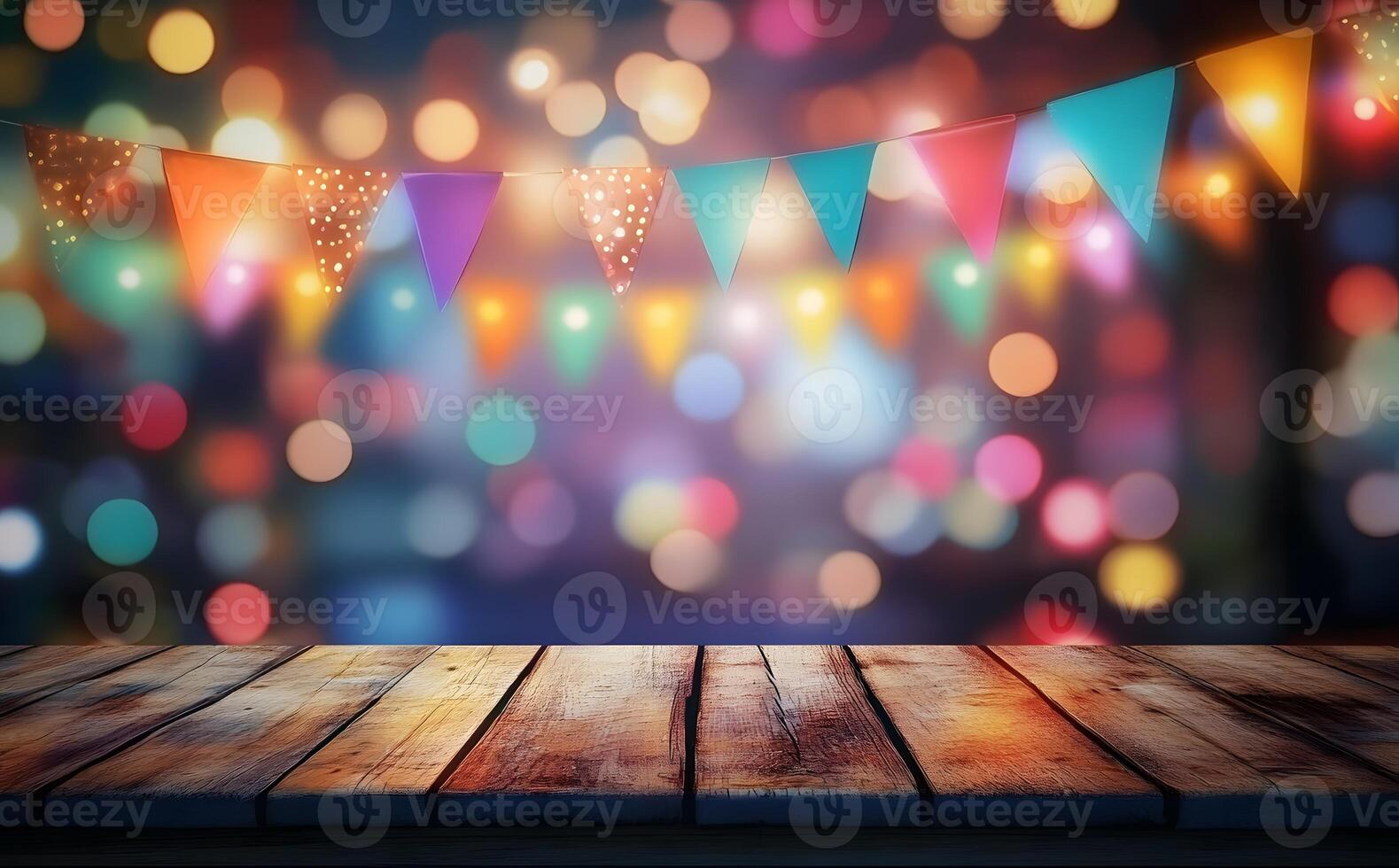 Wooden table surface with hanging colorful pennants and bokeh lights background creates a festive atmosphere photo