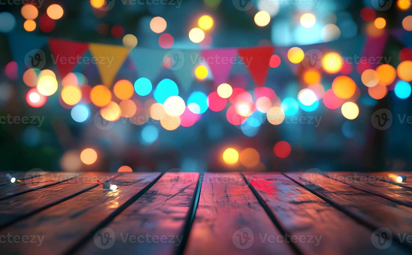 Wooden planks are set against festive bokeh lights and colorful pennant banner backdrop photo