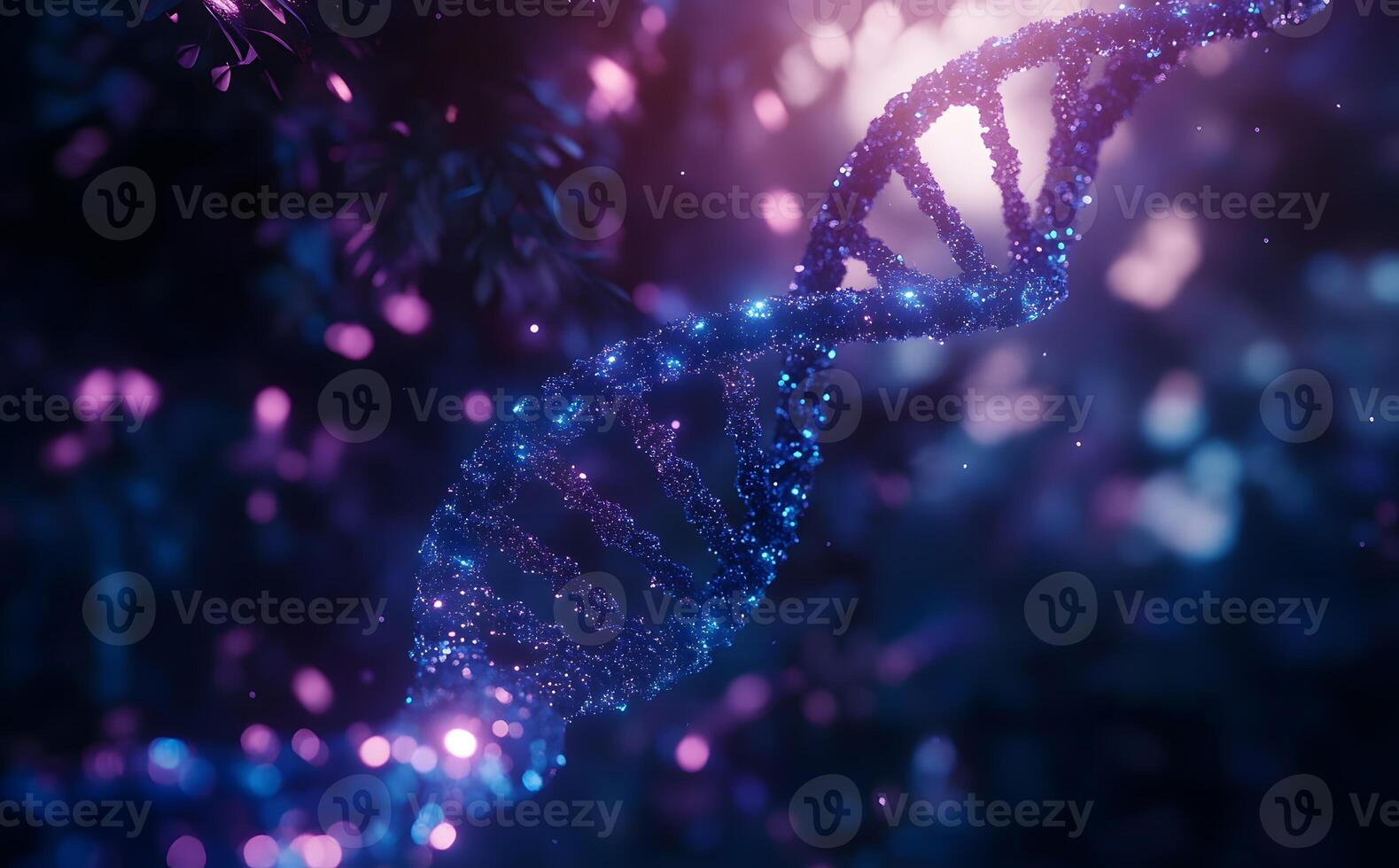 Dazzling glitter outlines a DNA helix, bathed in soft, colorful luminescence against a dark backdrop photo