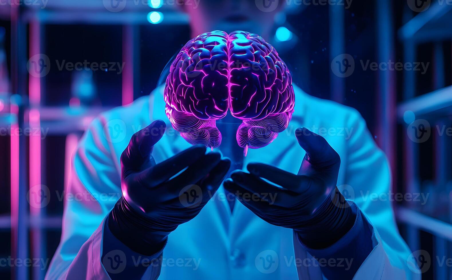 In vibrant neon laboratory light, scientist carefully presents a glowing human brain model photo