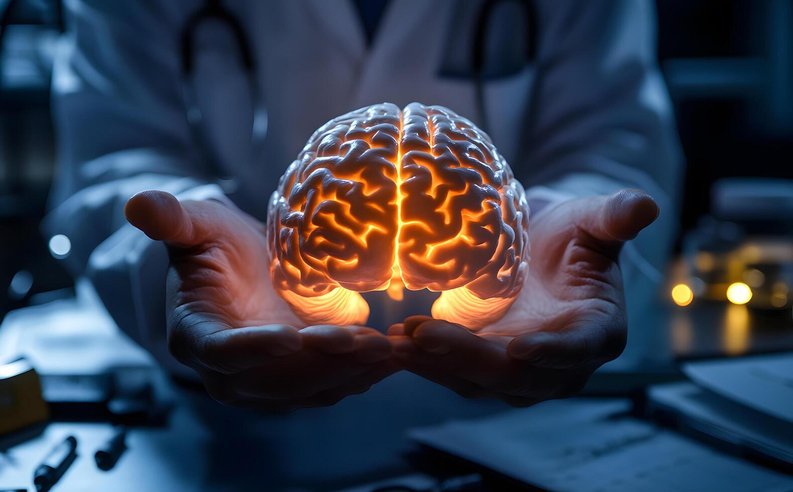 Doctor gently holds a glowing human brain, indicating profound intelligence and innovative thinking photo