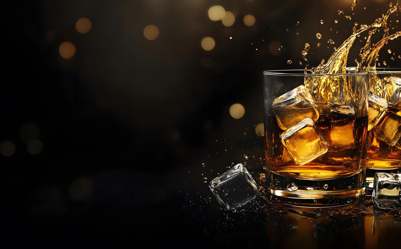 Golden whiskey splashes from glasses with ice cubes creating dynamic movement against a dark backdrop photo