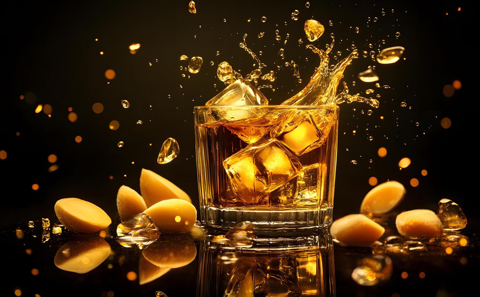 Whiskey in a glass with ice cubes creates a golden splash on a black background photo