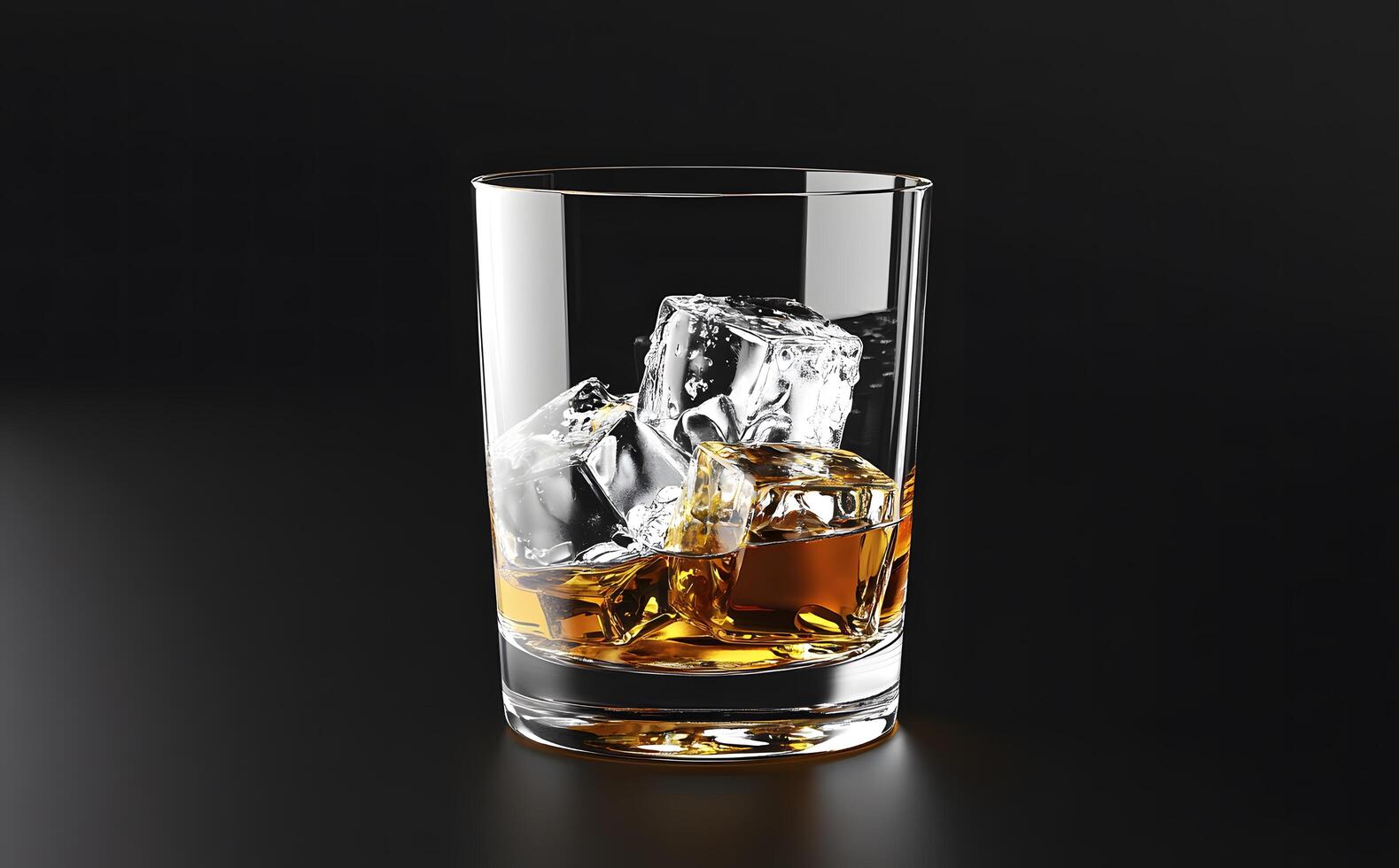 Whiskey rests chilled with melting ice cubes inside a clear glass against a dark backdrop photo