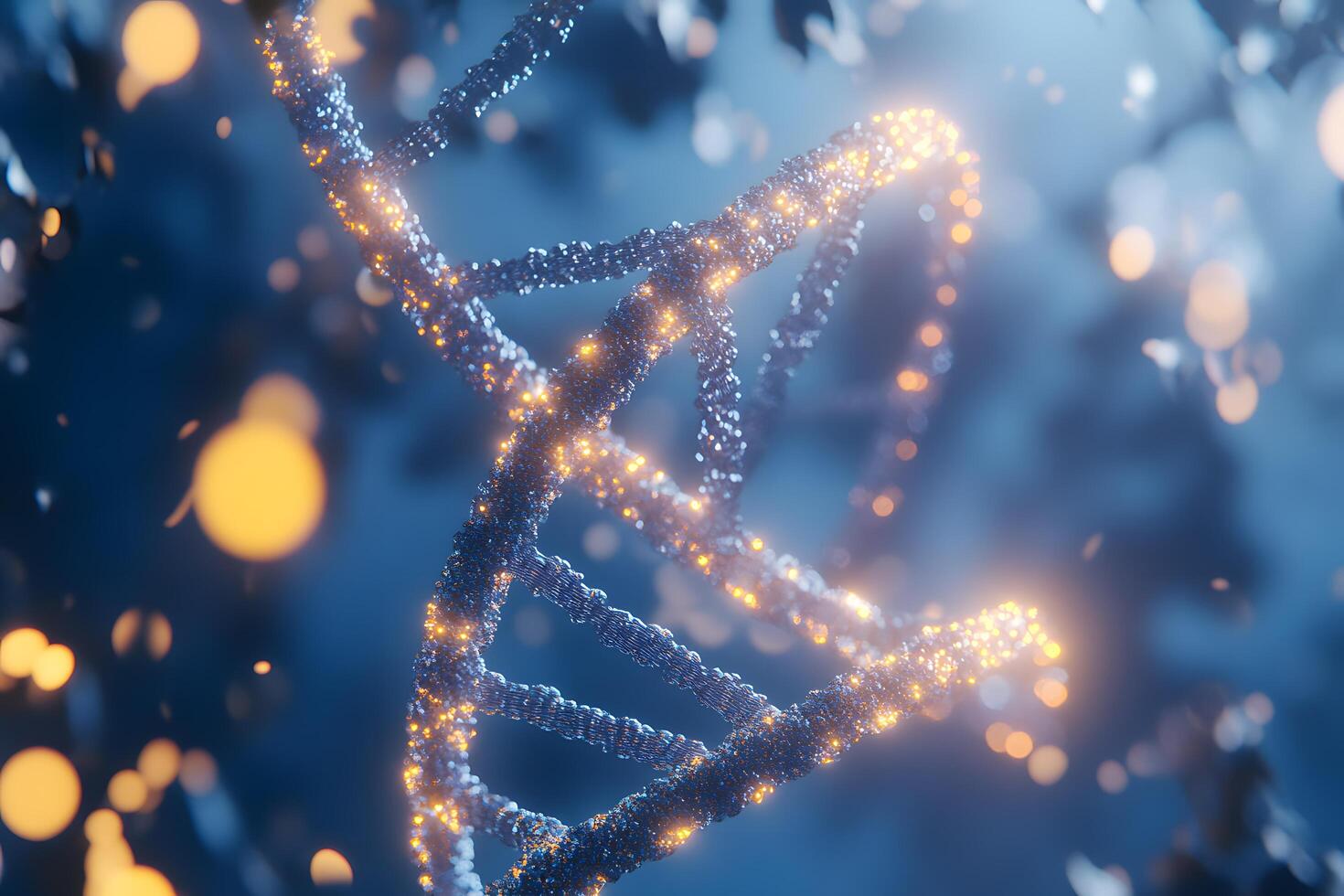 A lustrous DNA strand sparkles against a soft, blurred, predominantly blue background, illuminating its intricate structure photo
