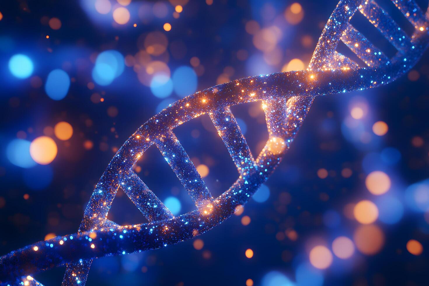 Luminous blue DNA strand sparkles against a defocused background of orange and blue bokeh photo
