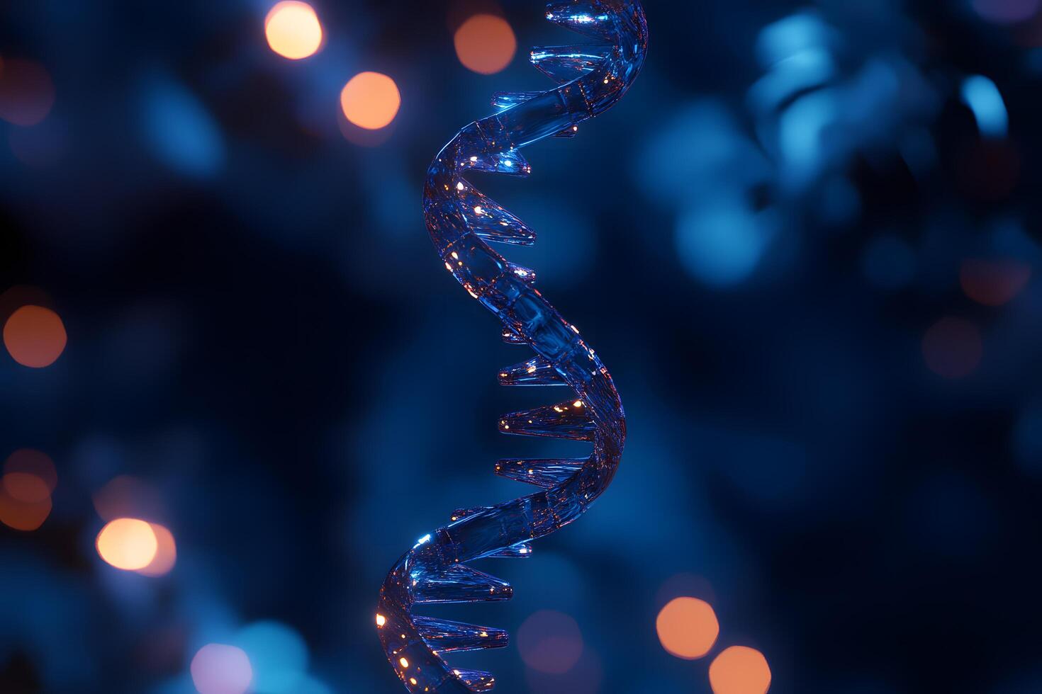 Illuminated crystal DNA double helix spirals upward in a blue background with orange bokeh photo