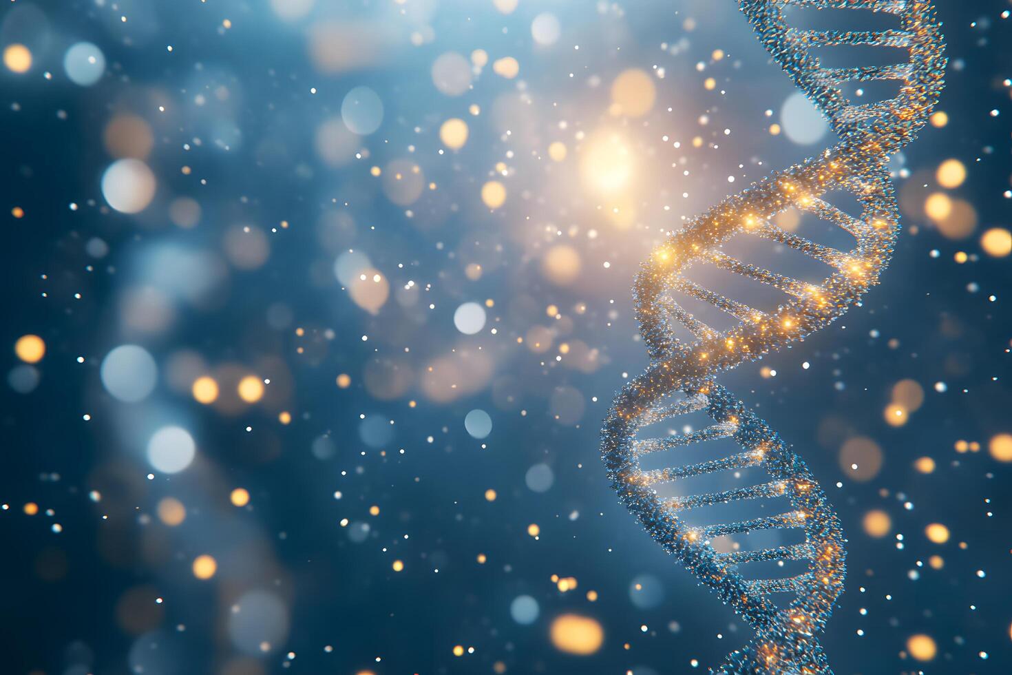 Shimmering DNA strand twirls against a backdrop of ethereal bokeh lights and brilliant blue photo