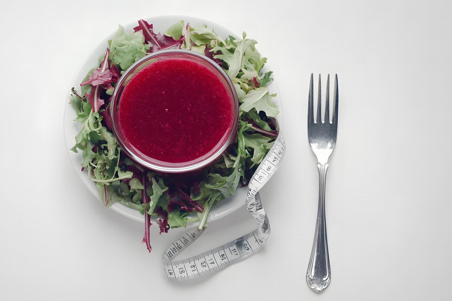 Cranberry sauce sits over salad alongside a measuring tape and fork placed on white photo