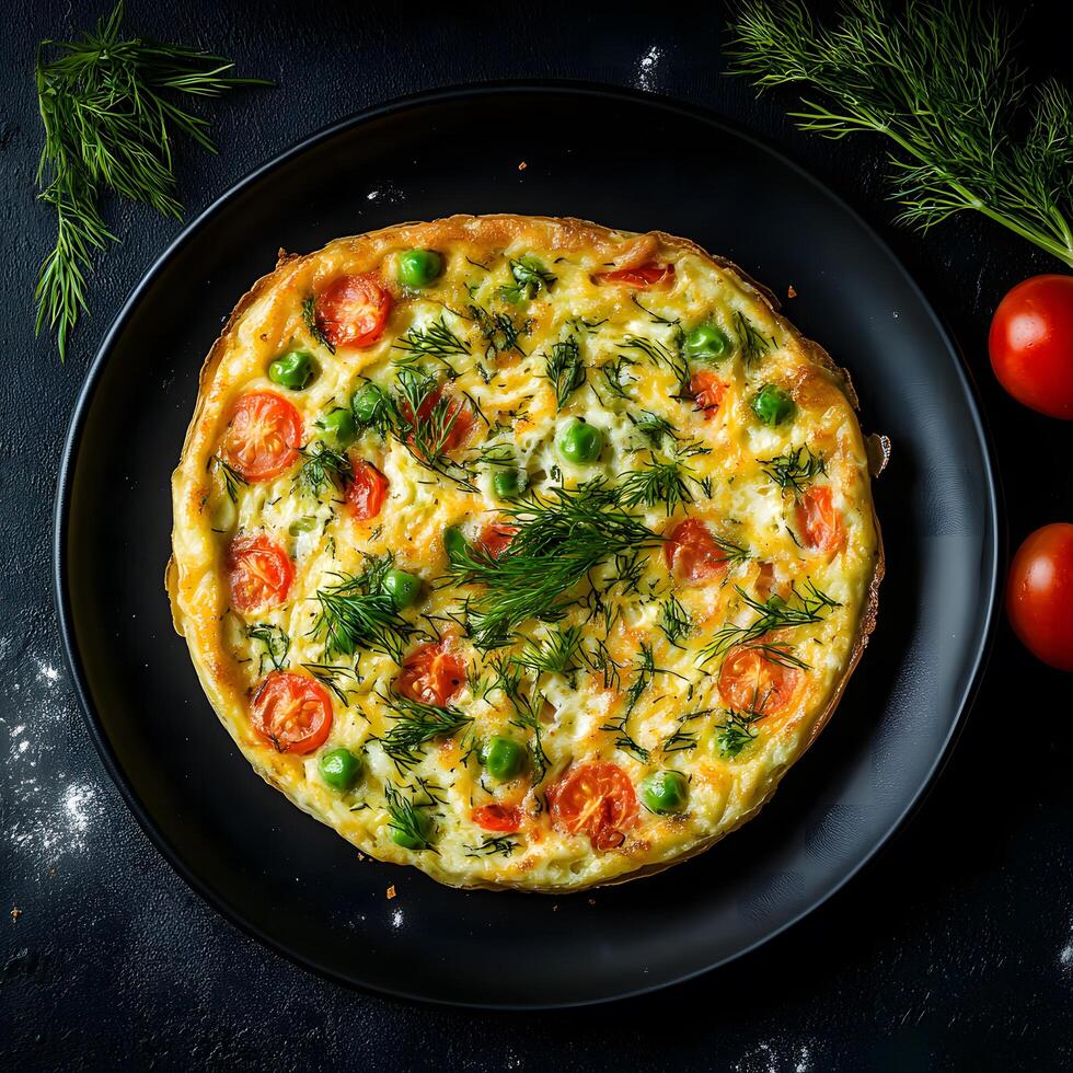 Overhead shot shows a colorful frittata on a plate garnished with dill and tomatoes photo