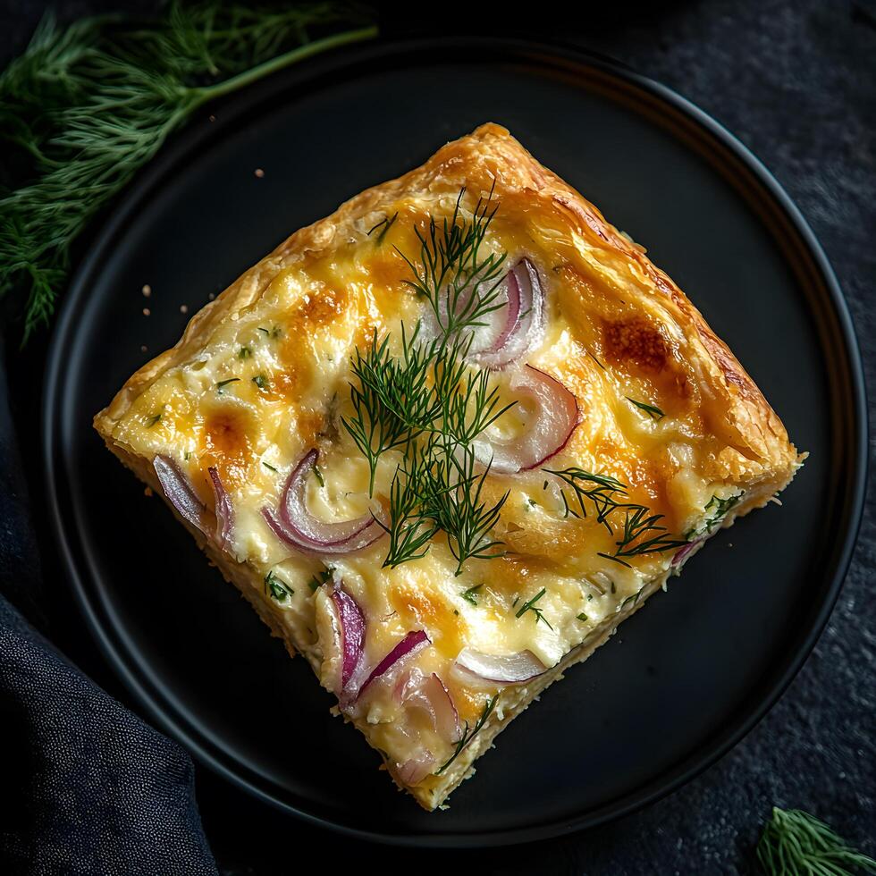 Dill sprigs adorn a square quiche slice featuring golden crust and red onion photo