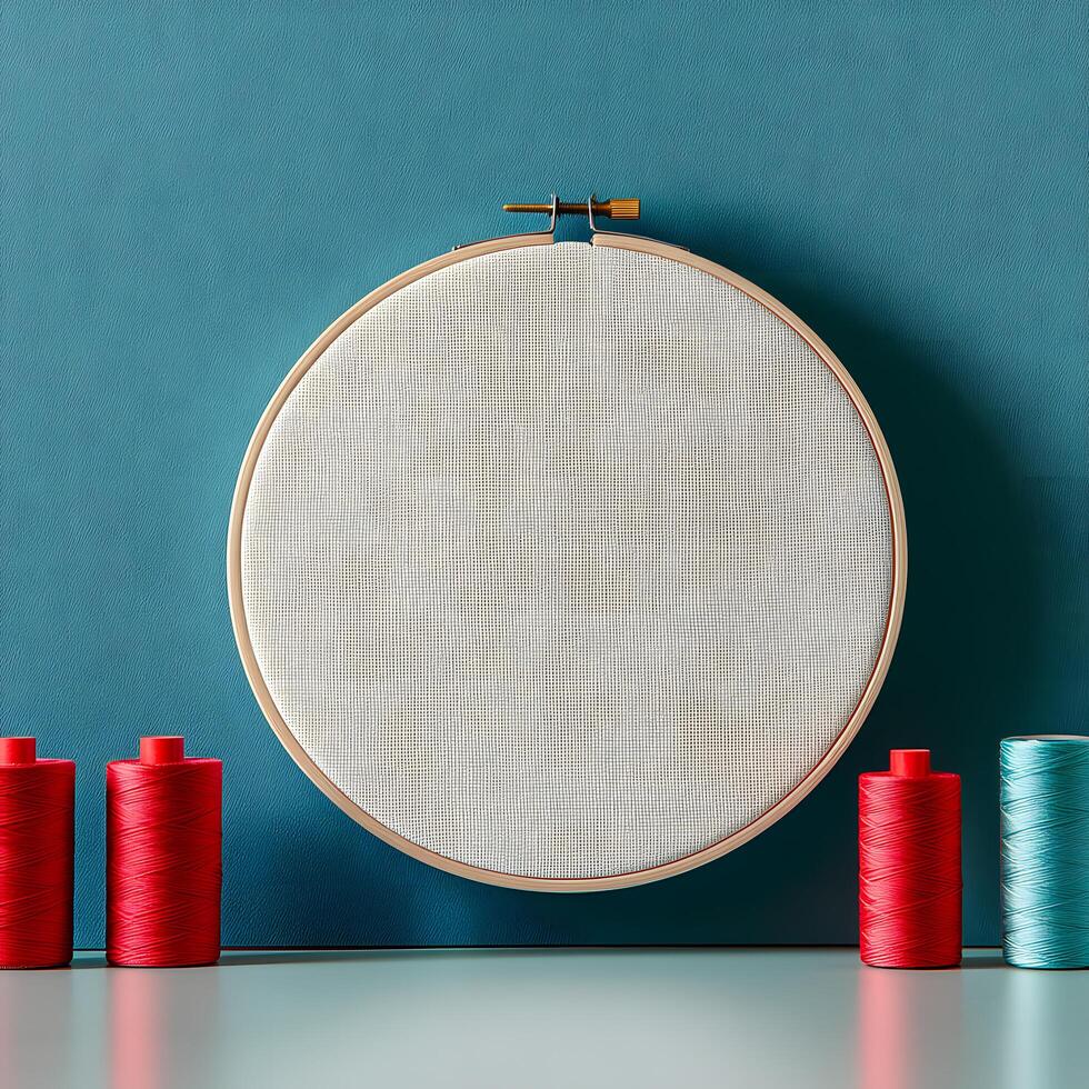 Round embroidery hoop displaying white fabric sits with vibrant red and teal thread spools photo