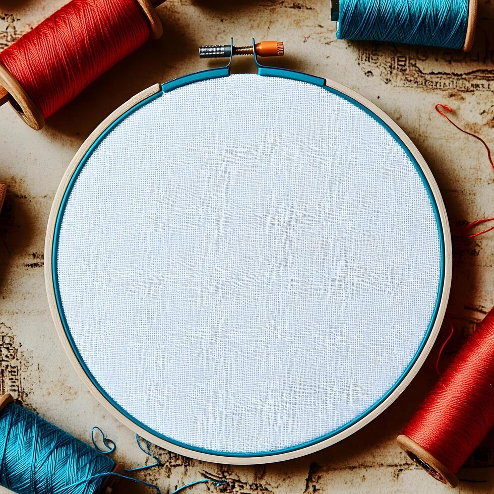 Embroidery hoop with light blue fabric and spools of colorful thread create textile art photo