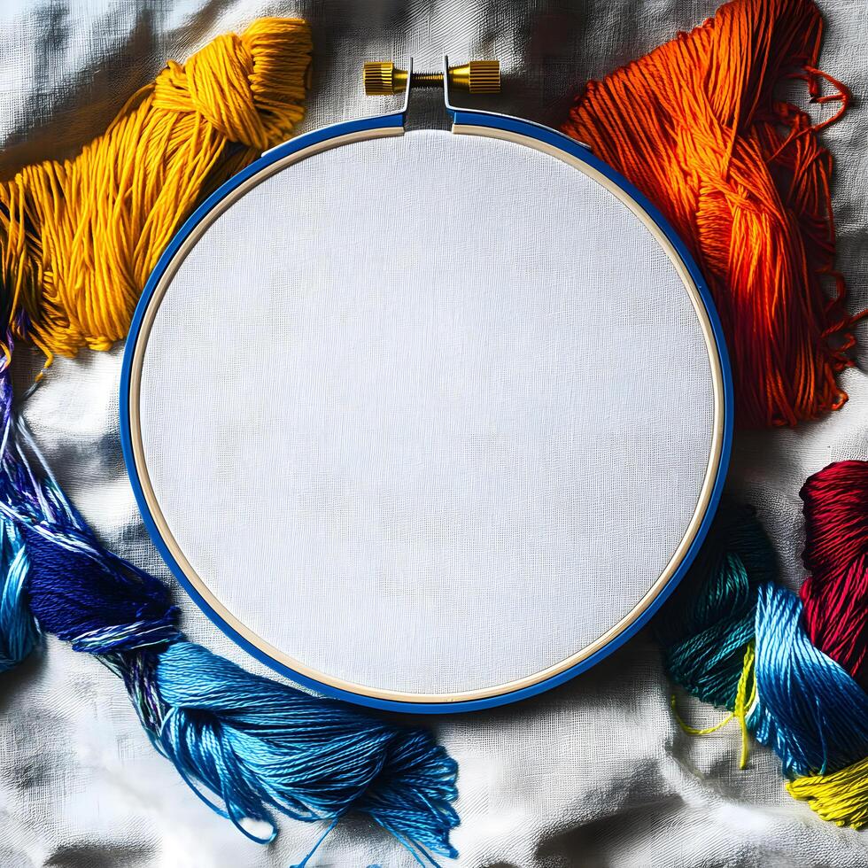 Embroidery hoop encircles white canvas surrounded by vibrant threads on crumpled white fabric create an artistic composition photo