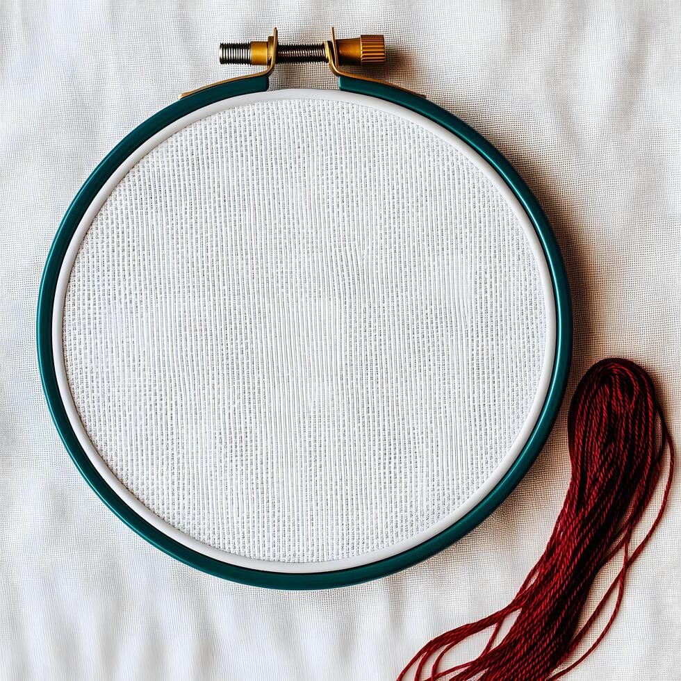 A blank white canvas within an embroidery hoop accompanied by red yarn creates inviting still life photo