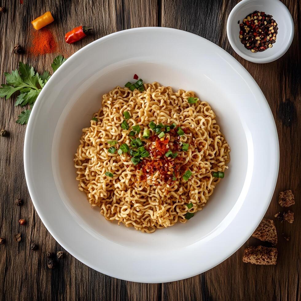 Noodles topped with green onions and red pepper flakes are presented on rustic wood photo