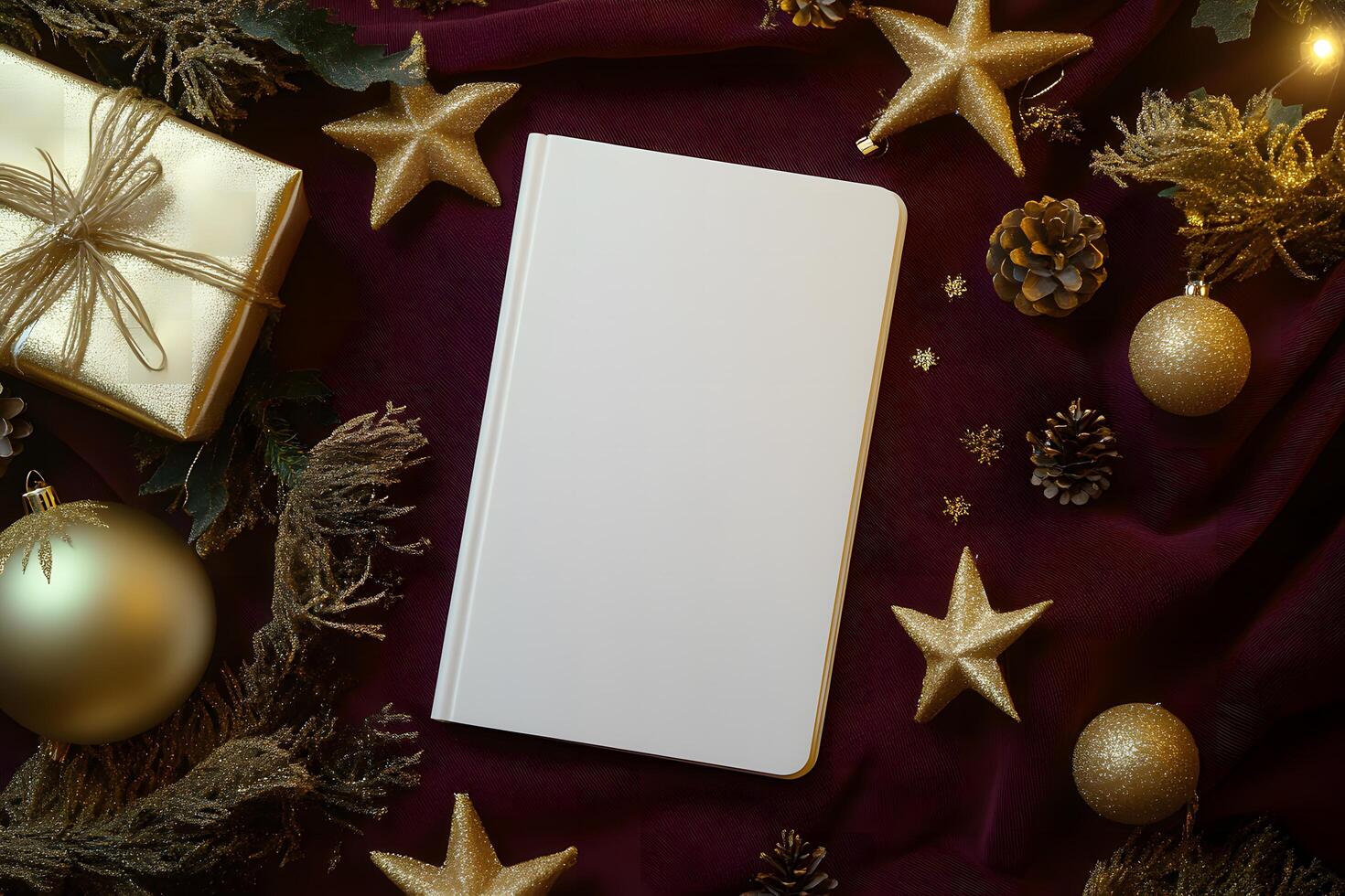 Blank white book lies amidst golden ornaments on dark red fabric background creates festive scene photo