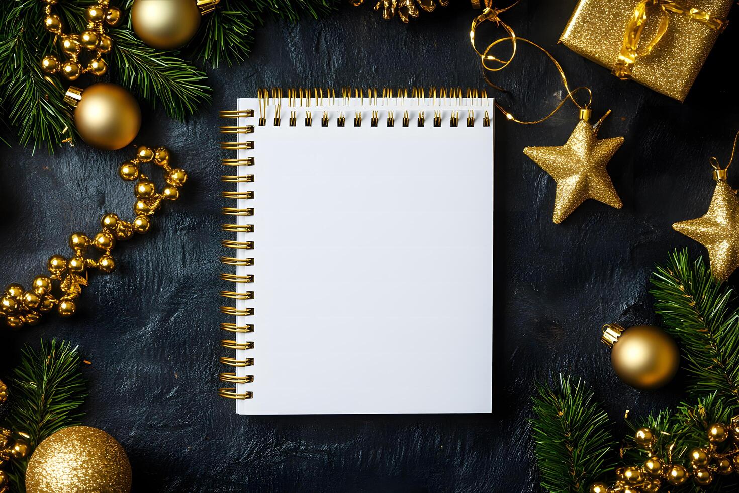 Golden Christmas ornaments and evergreen branches frame an open spiral notebook on dark background photo
