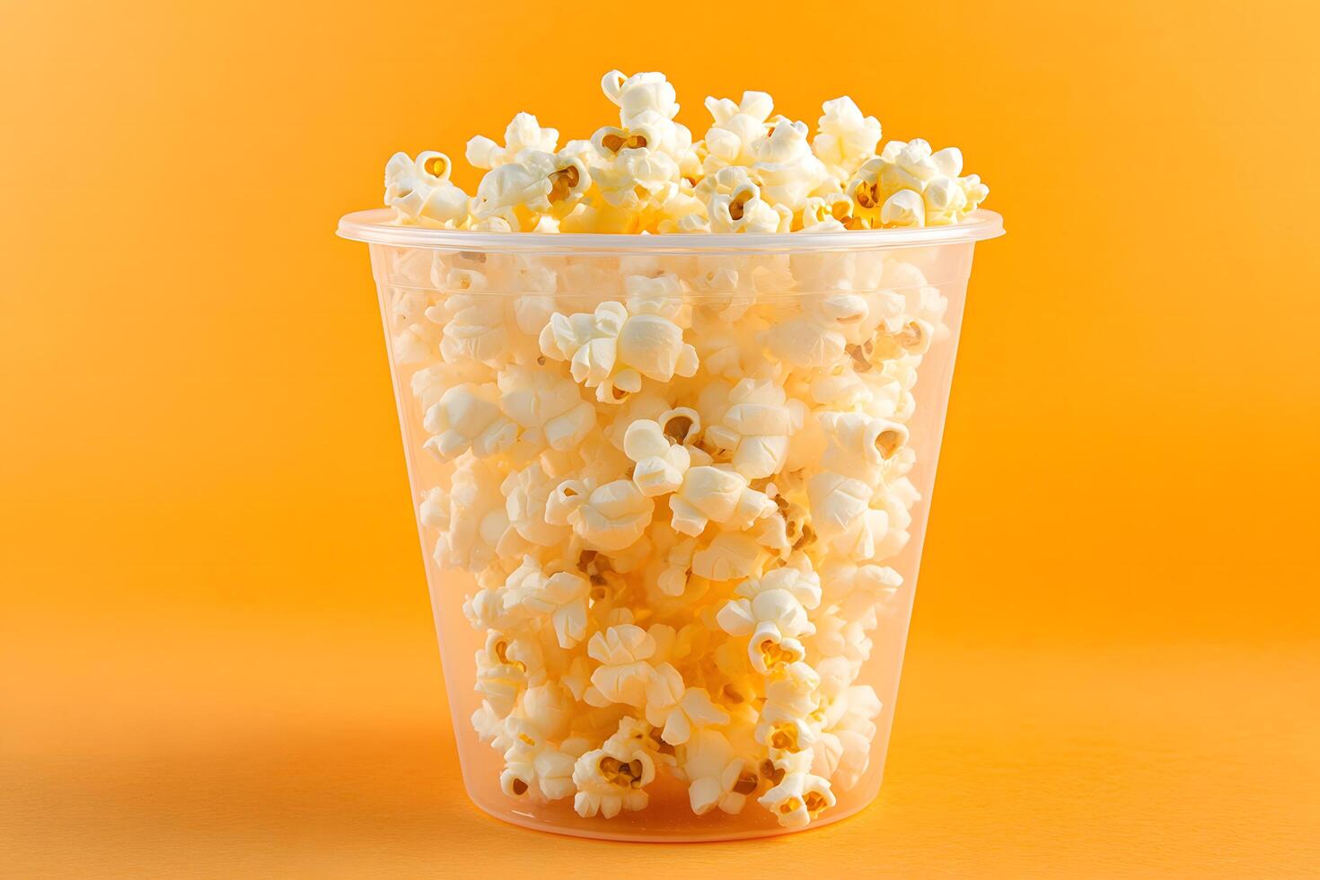 Translucent plastic cup is overflowing with delicious, freshly made popcorn against an orange backdrop photo