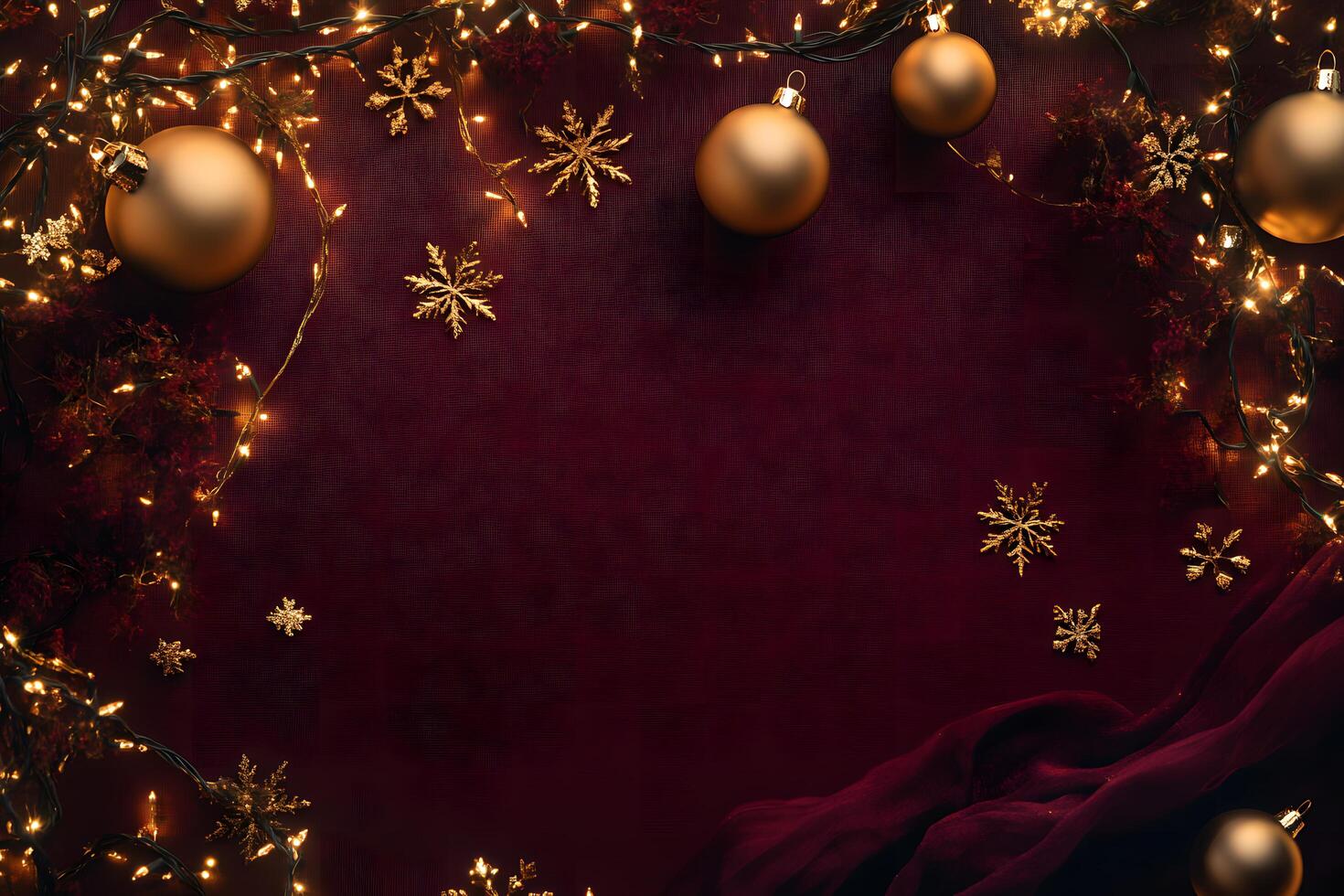 Golden ornaments and snowflake string lights decorate a textured dark red Christmas background beautifully photo