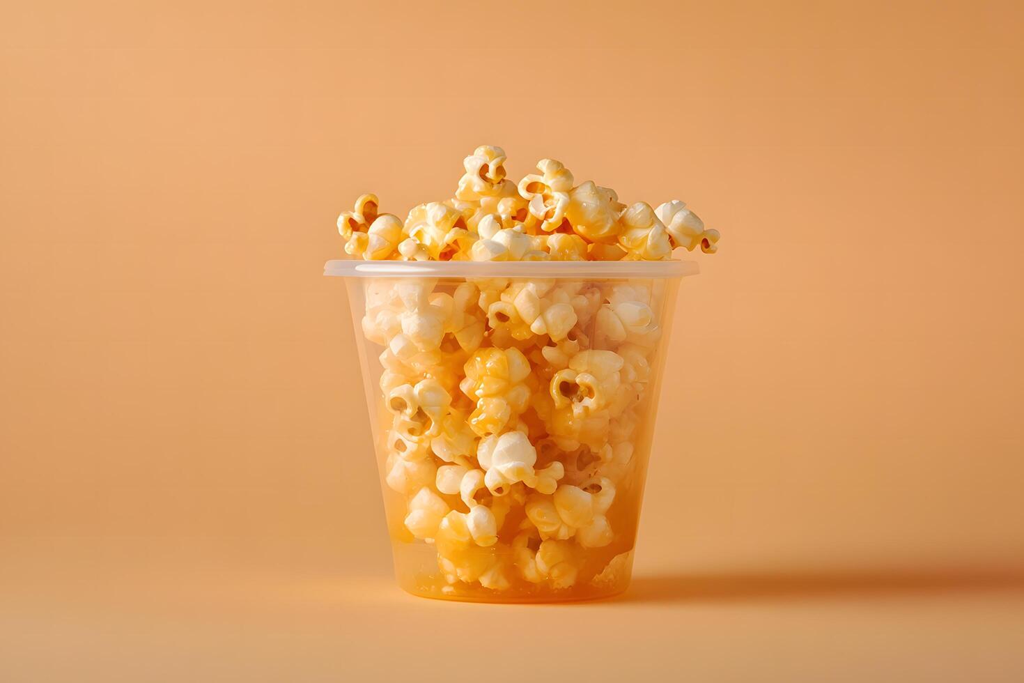 Plastic container holding buttery popcorn rests against a solid background for a tasty treat photo