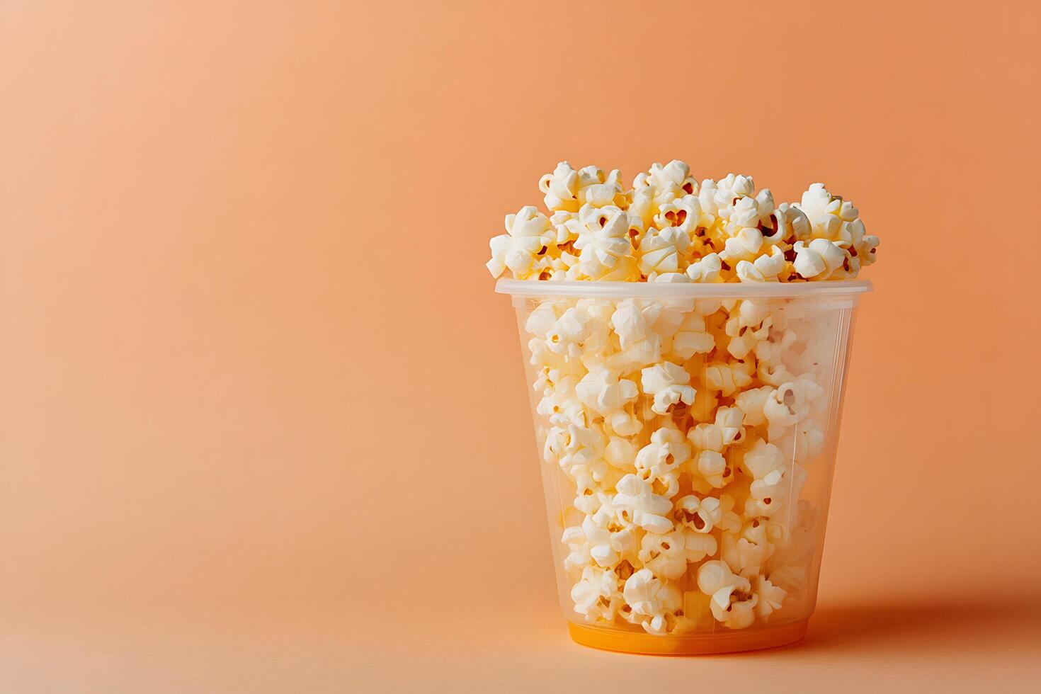 Fresh popcorn overflows from clear plastic cup against a solid peach colored background photo