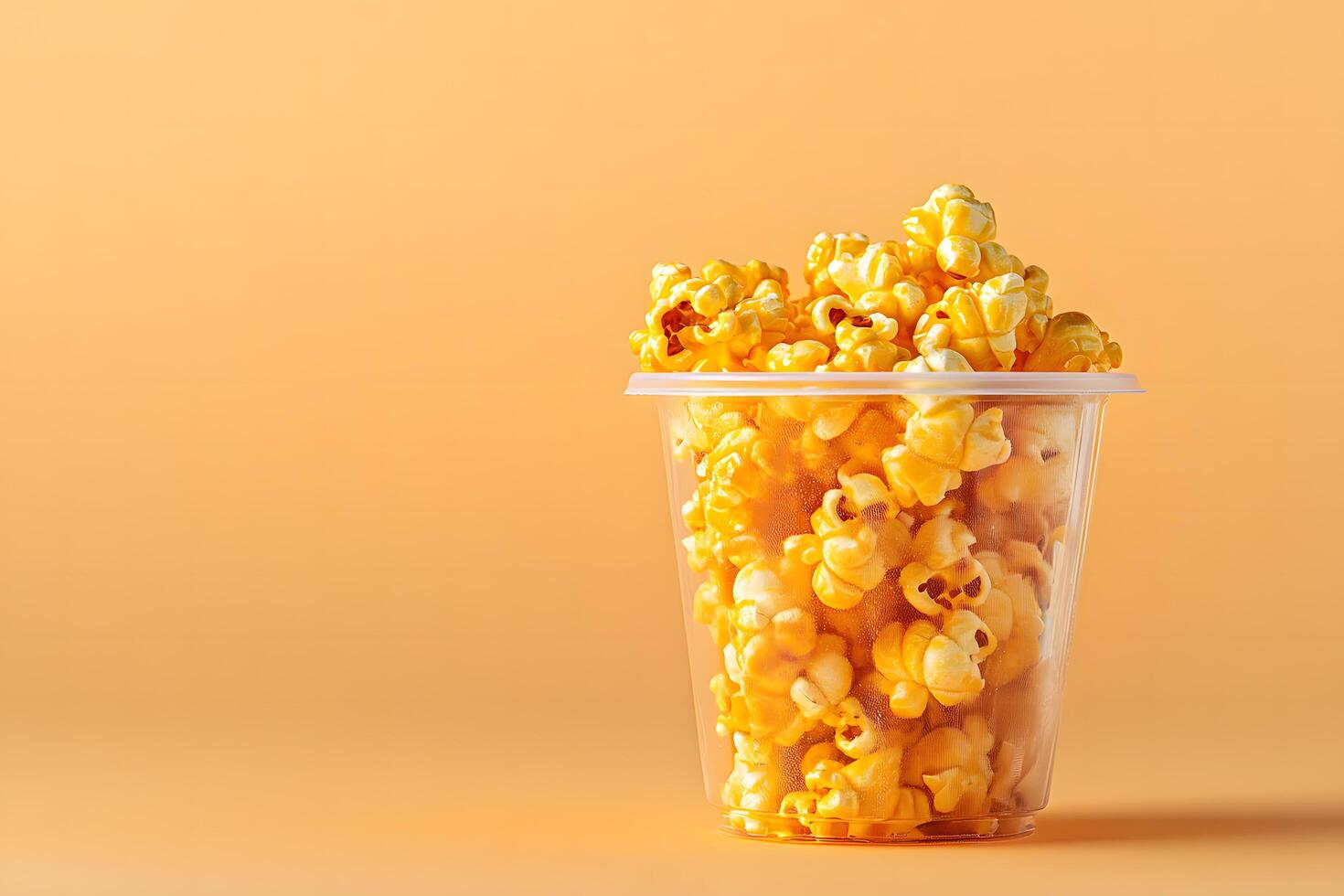 Delicious caramel popcorn fills a clear plastic container against a solid lightorange background photo