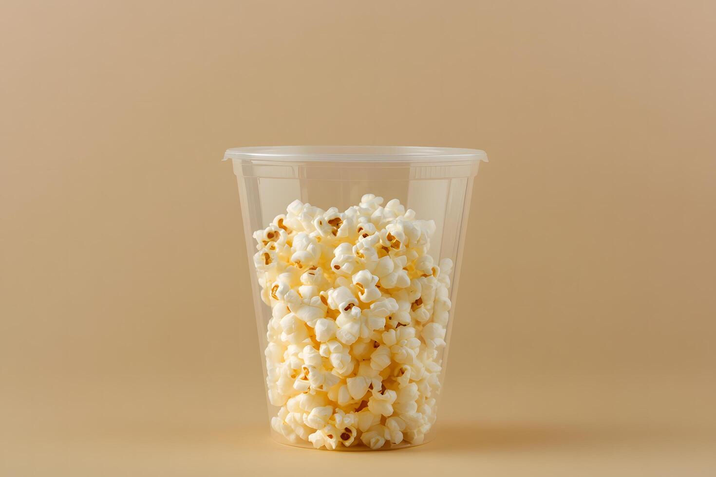 Fresh popcorn inside clear plastic cup ready for movie night snacks is visible photo