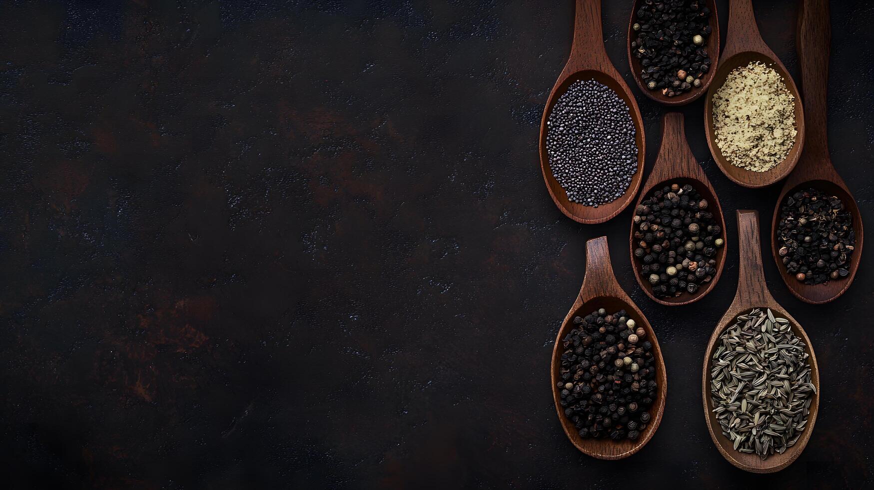 Several wooden spoons filled with an array of spices are displayed on a dark surface photo