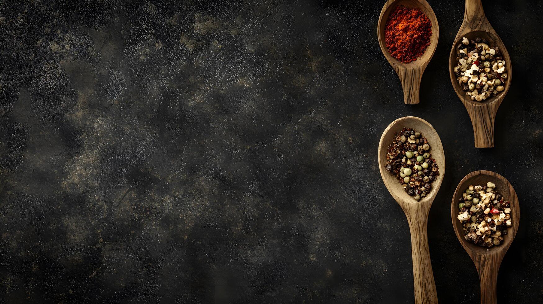 Spices and peppers are displayed on wooden spoons over a dark grunge backdrop photo