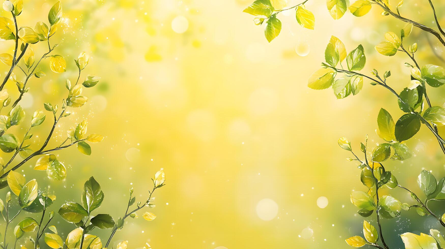 Lush branches display vibrant green and yellow foliage against a sunlit blurred background photo
