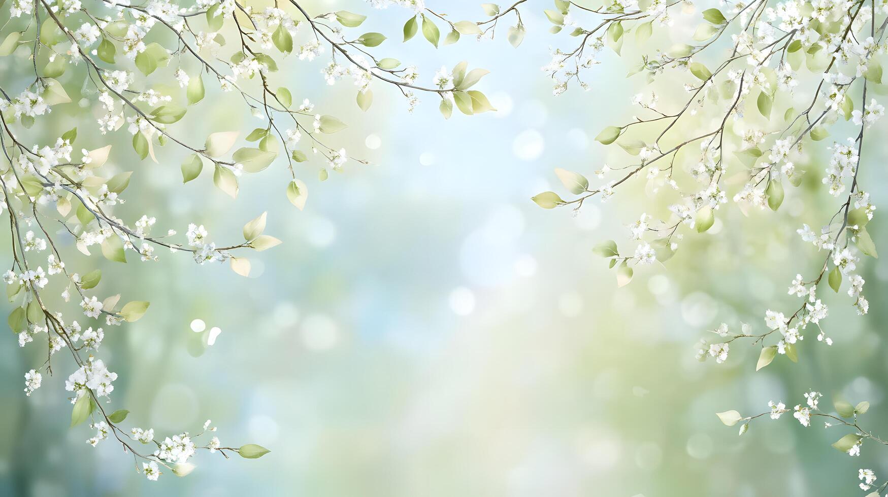 Branches adorned with white blossoms and pale green leaves create a serene, bokeh filled background photo