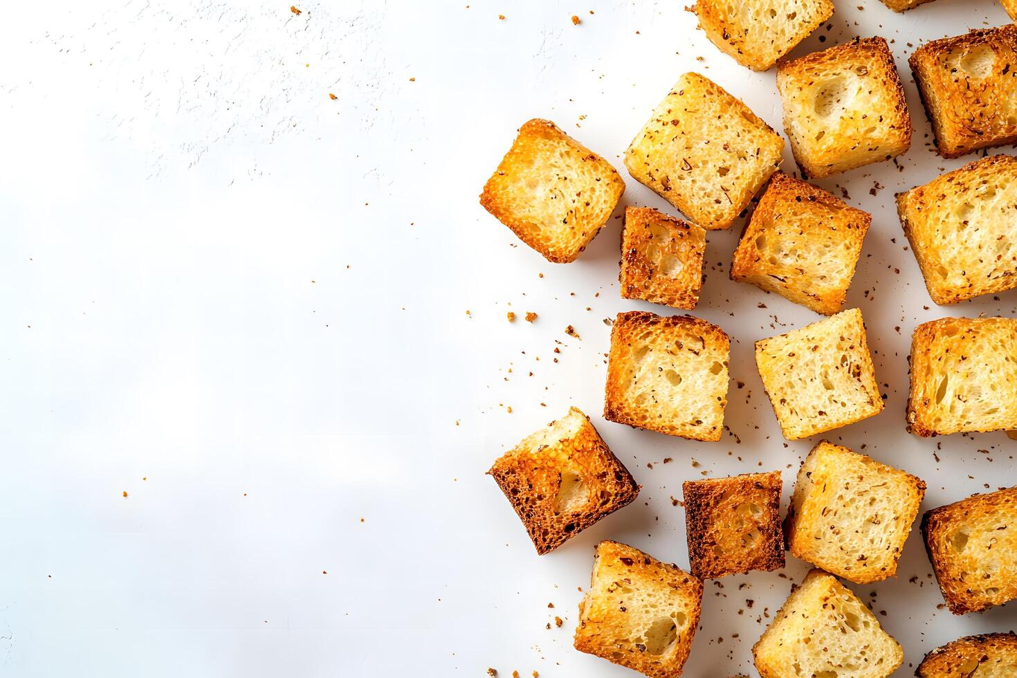 Crispy, golden croutons are scattered on a clean, bright white surface, creating a textural array photo