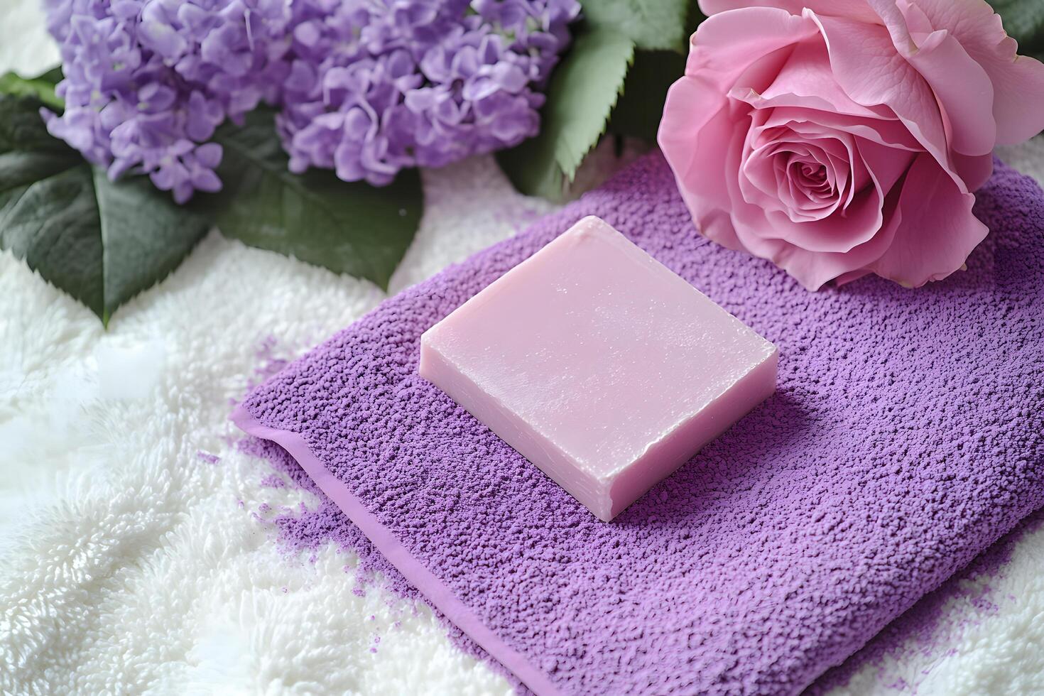 Pink soap rests upon a soft purple towel beside a rose and hydrangea photo