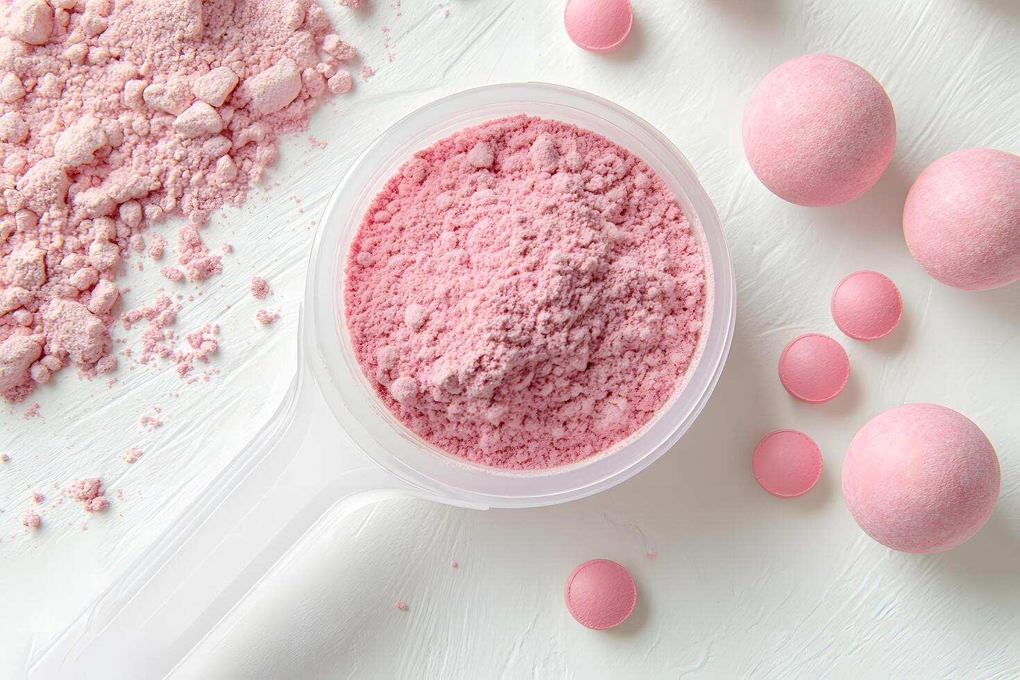 An overhead shot exhibits protein powder inside container, surrounded by bath bombs on white backdrop photo