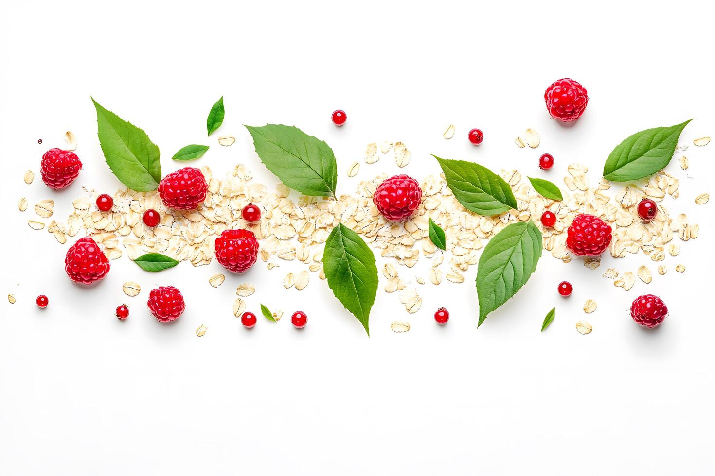 Bright raspberries with red currants lie among oats and green leaves on white photo
