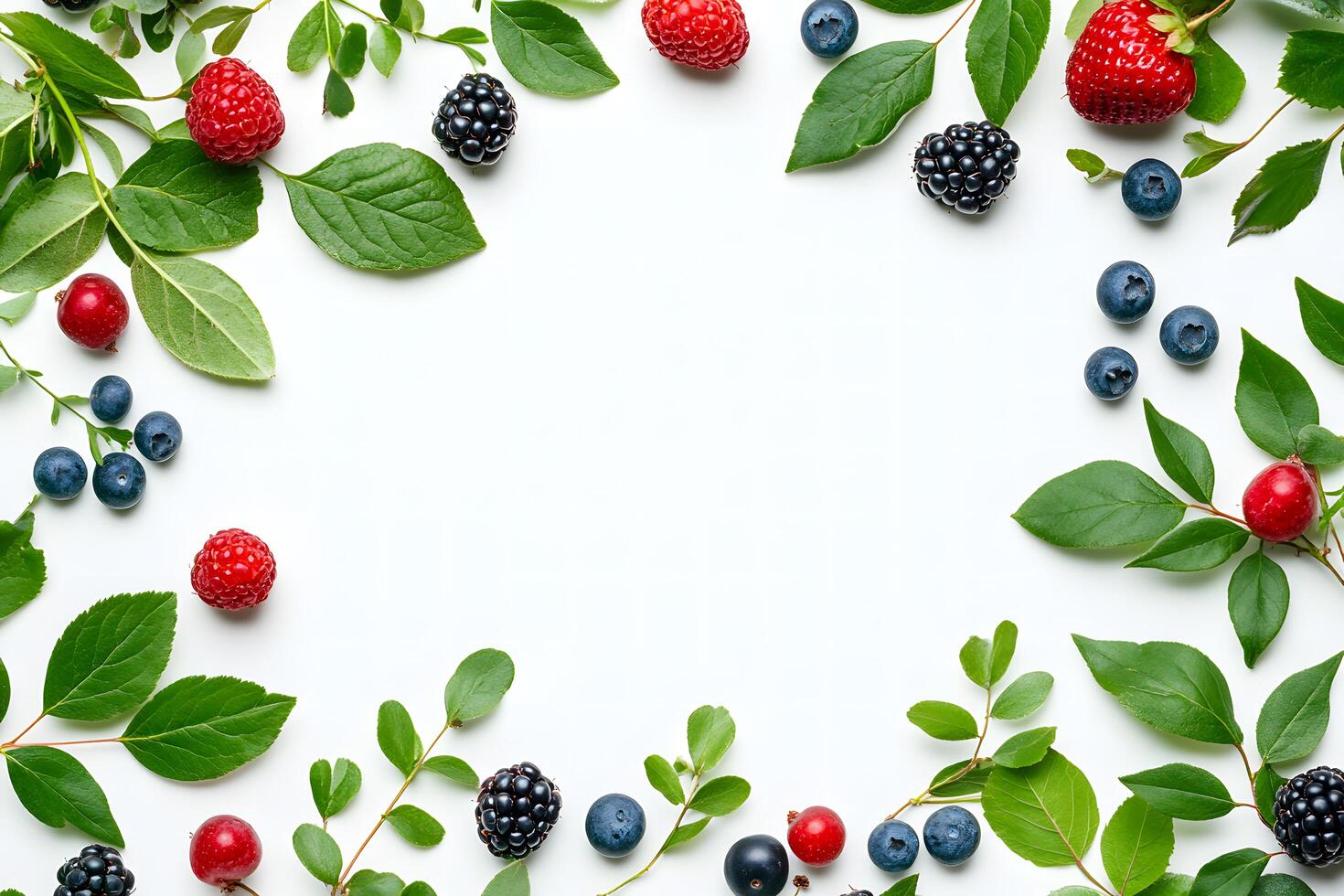 A clean white background showcases fresh blueberries, raspberries, blackberries, cranberries, and leaves forming a border photo