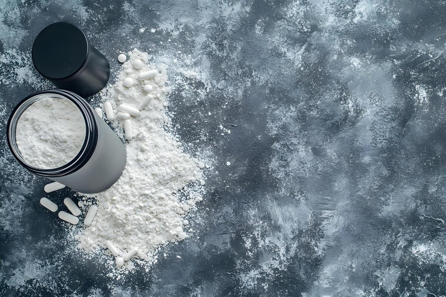 Spilled powder and capsules surround a gray container with black lids on a textured surface photo