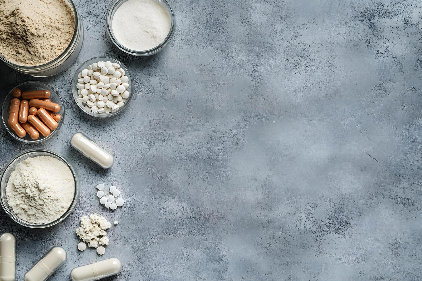 Assorted dietary supplements featuring pills, powders, and capsules are displayed on a gray textured background photo