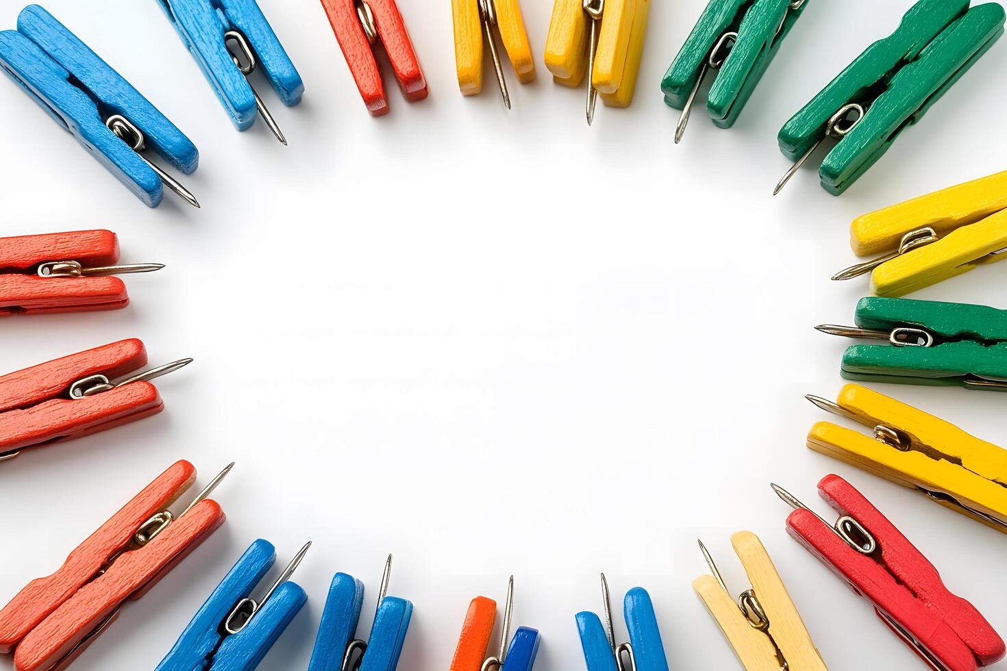 Colorful wooden clothespins are arranged around a central white copy space to give options photo