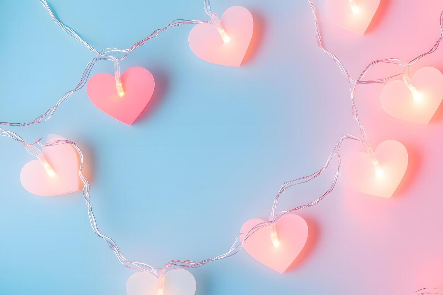 Illuminated heart shaped fairy lights gently illuminate the soft pastel blue and pink backdrop photo