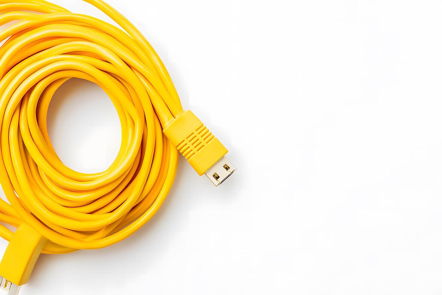 Bright yellow USB cable coiled neatly on a clean white backdrop provides a fresh perspective photo