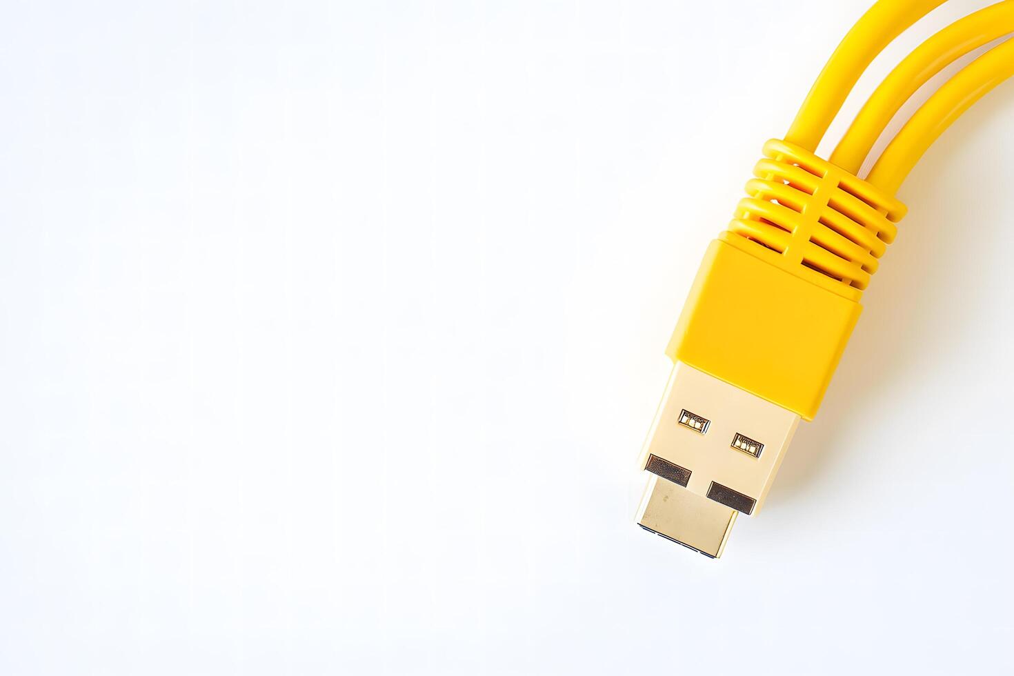 Bright yellow USB cable connector resting diagonally on a crisp, clean white surface photo