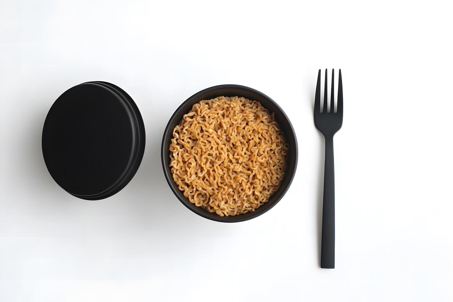 Cooked noodles served in a black bowl are alongside a black fork and lid photo