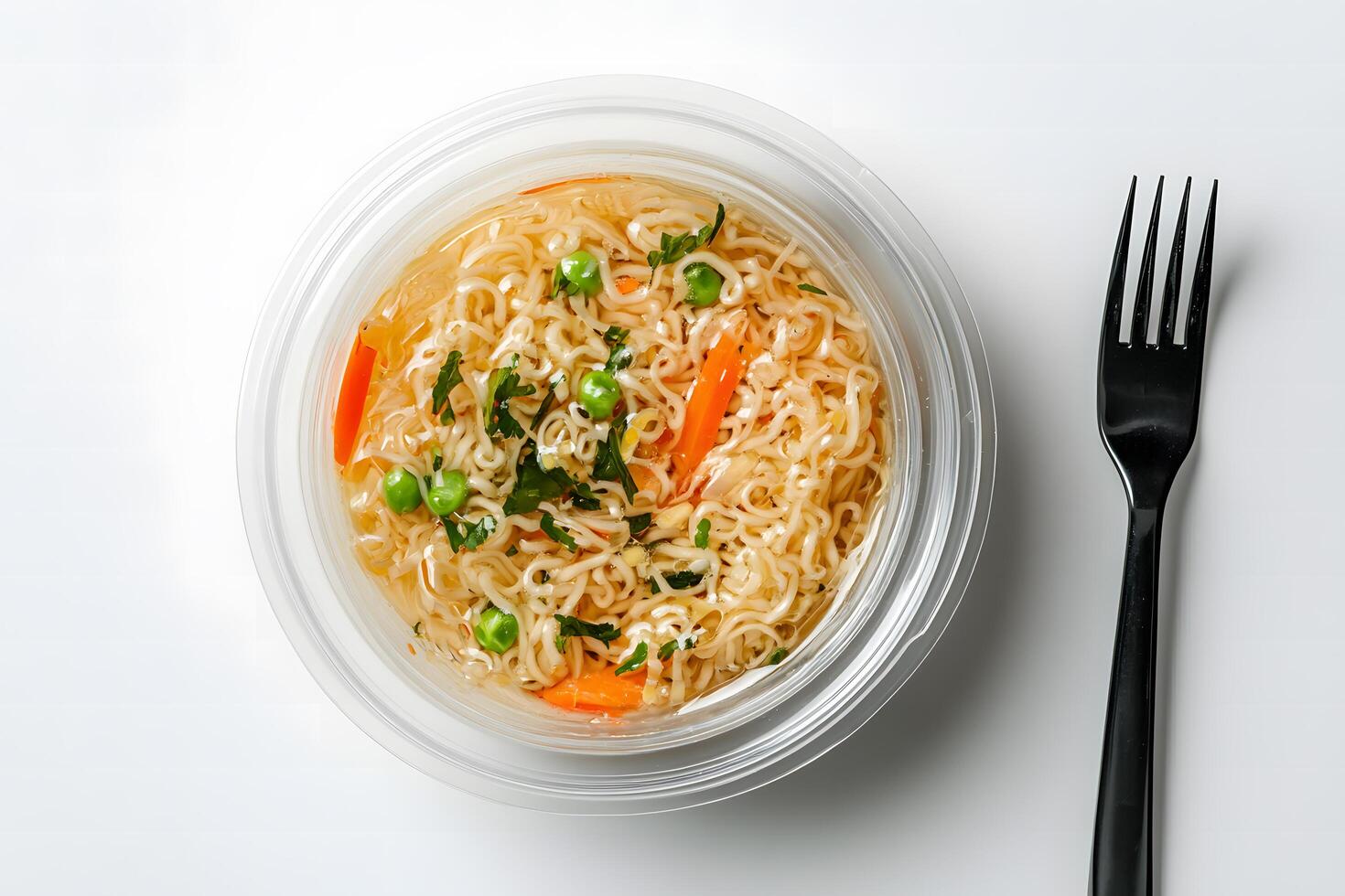 Round plastic container holds noodles, carrots, peas, and parsley, alongside a black fork photo